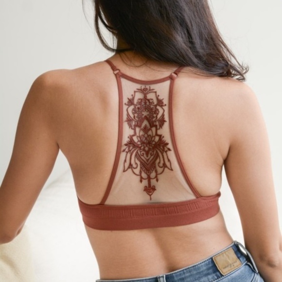 Rust boho mesh Floral racerback Seamless bralette - Picture 2 of 8